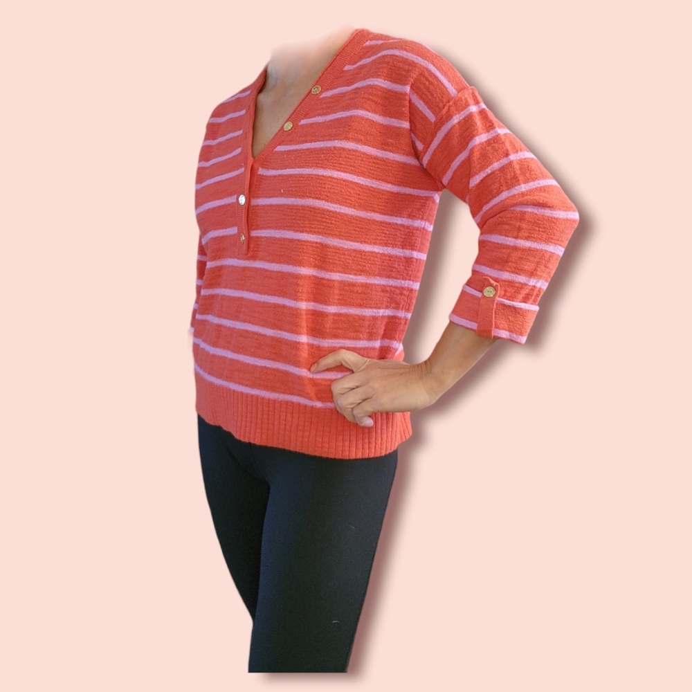 LOFT Coral and Pink Striped V-Neck Pullover